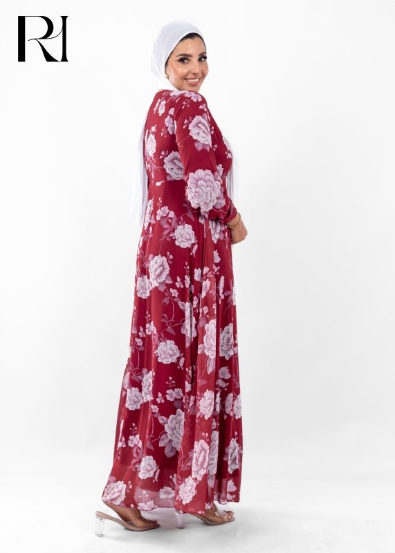 Crimson Bloom Modest Maxi Dress - Ruehaya