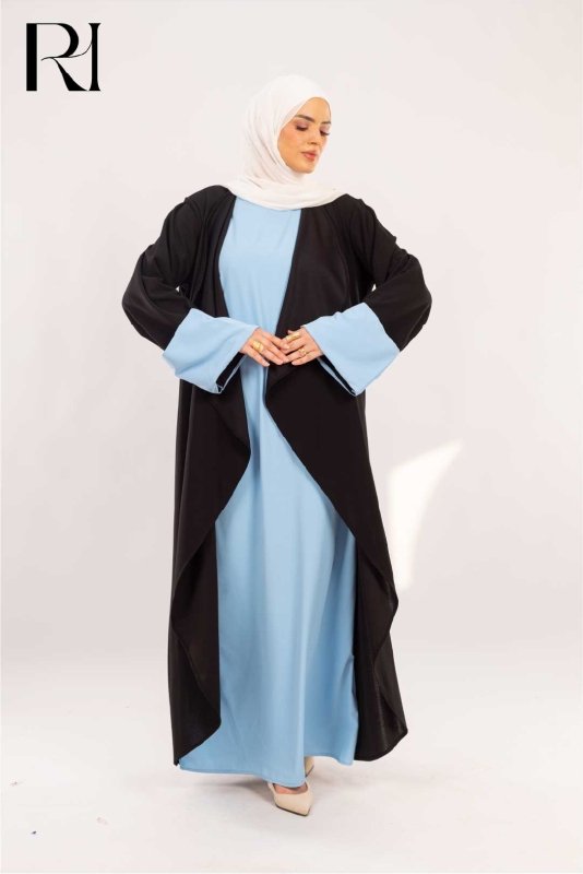 Dalia Black & Sky Blue Two - Piece Abaya Set - Ruehaya