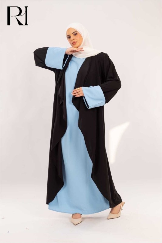 Dalia Black & Sky Blue Two - Piece Abaya Set - Ruehaya
