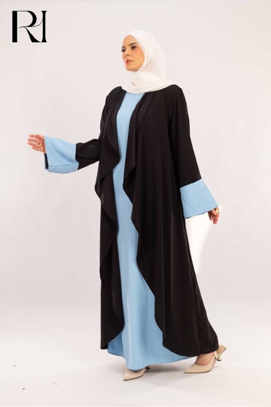 Dalia Black & Sky Blue Two - Piece Abaya Set - Ruehaya