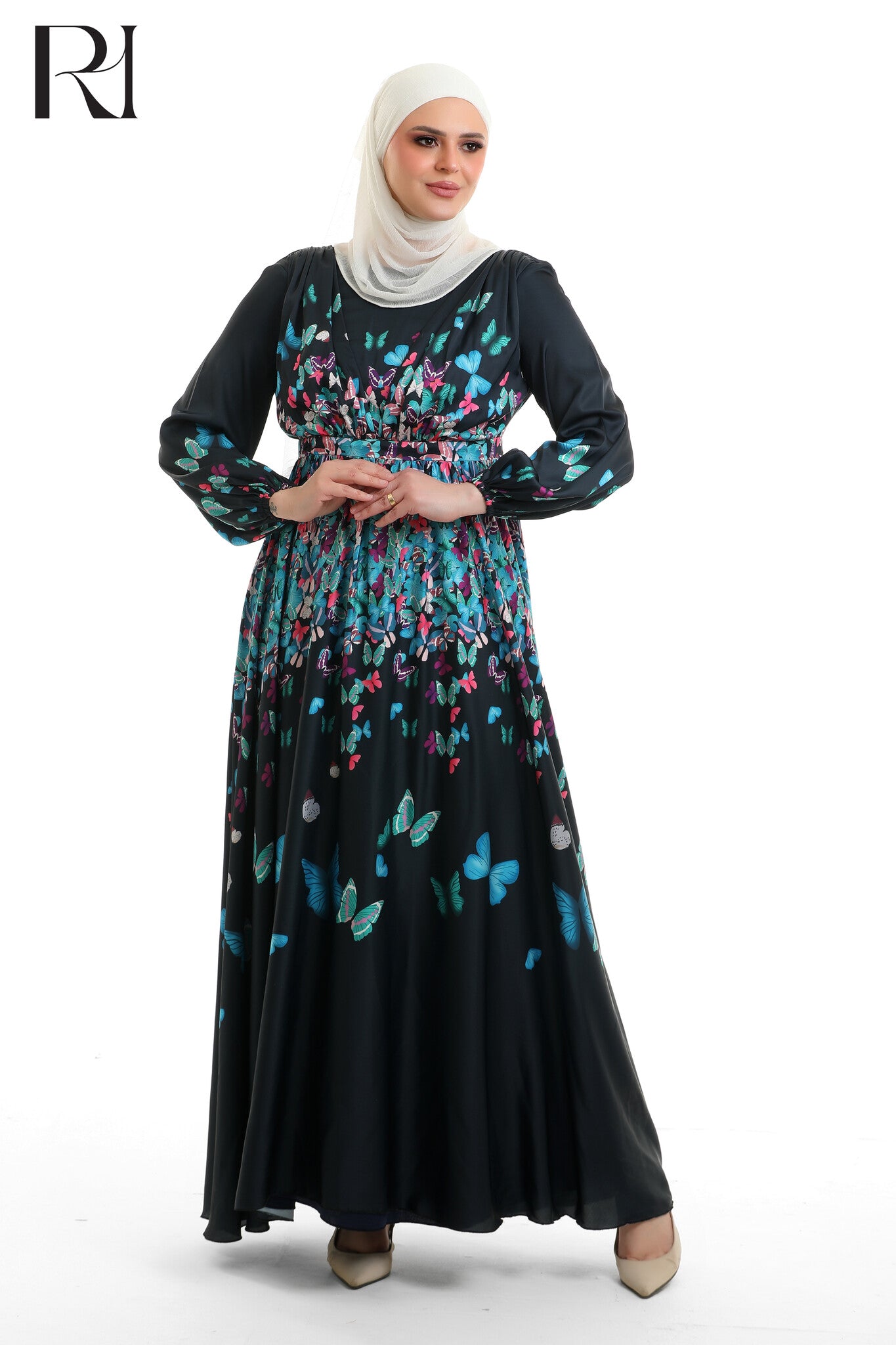 Hala Butterfly Satin Touch Maxi Dress - Blue Floral