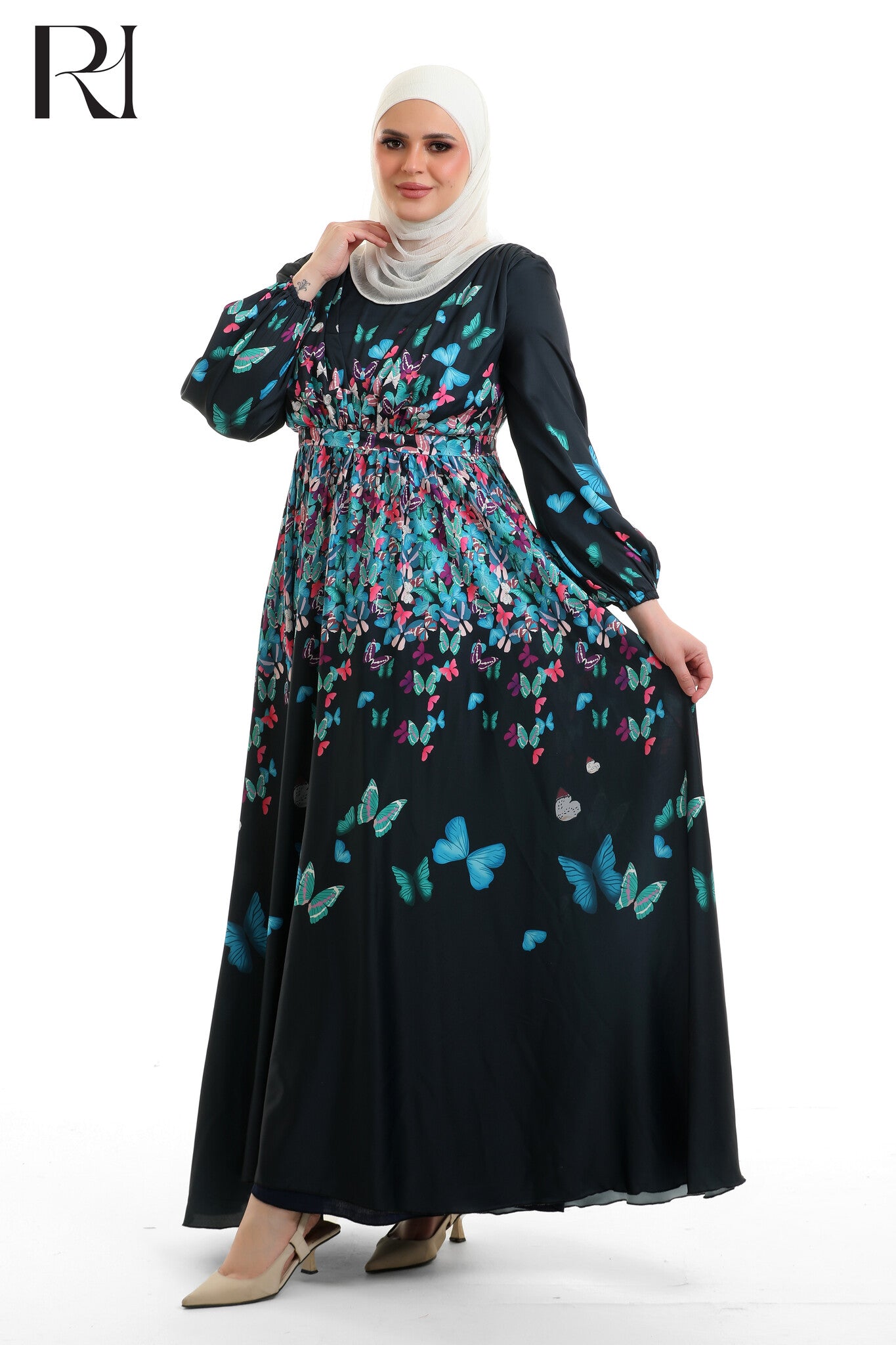 Hala Butterfly Satin Touch Maxi Dress - Blue Floral