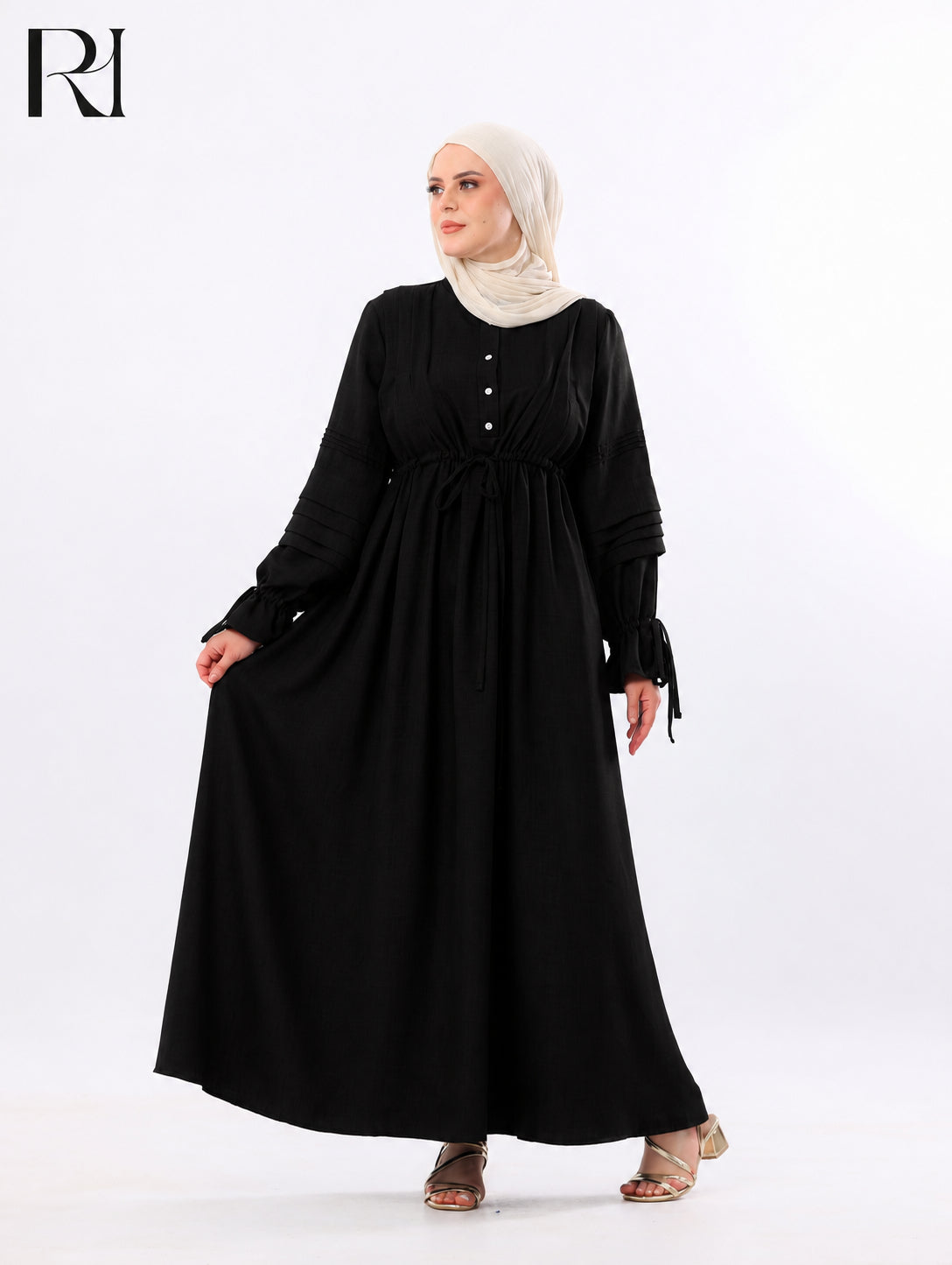 Rima Pintuck Linen-Blend Maxi Dress – Balck