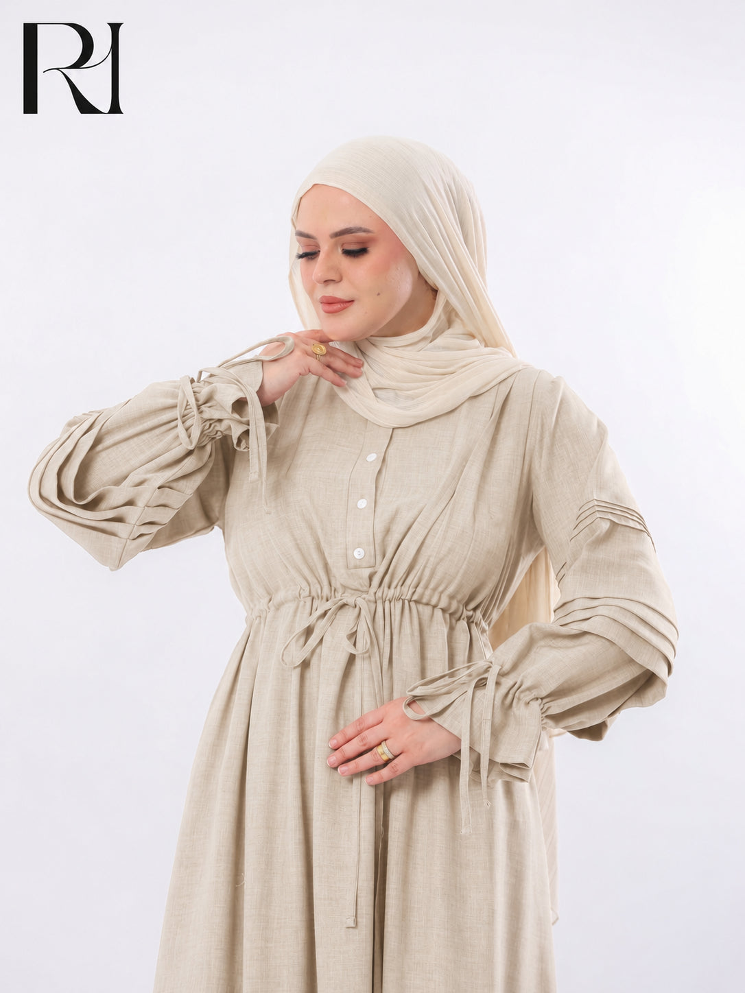 Rima Pintuck Linen-Blend Maxi Dress – Beige