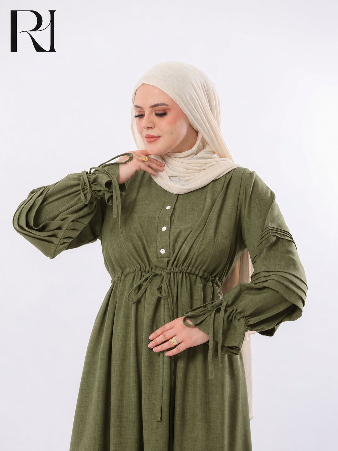 Rima Pintuck Linen-Blend Maxi Dress – Olive Green