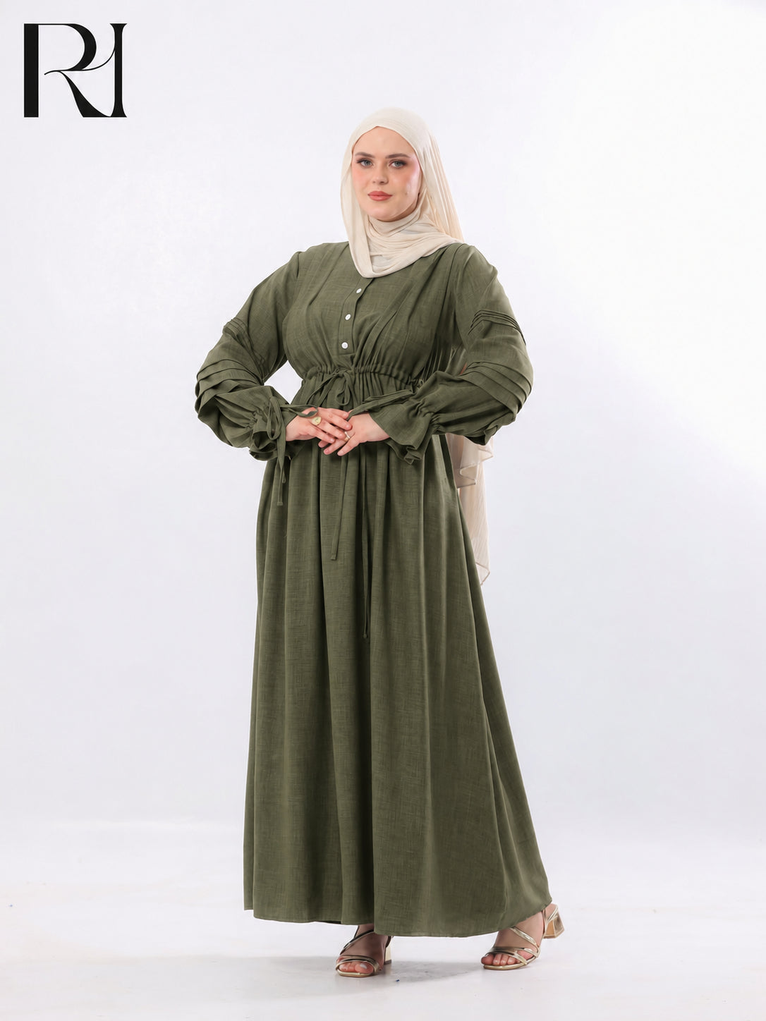 Rima Pintuck Linen-Blend Maxi Dress – Olive Green