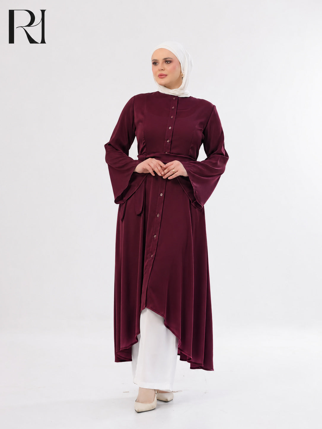 Rahaf Soft Lightweight Silk Two-Piece Set – Burgundy & White