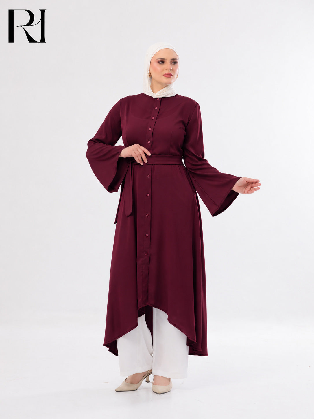 Rahaf Soft Lightweight Silk Two-Piece Set – Burgundy & White