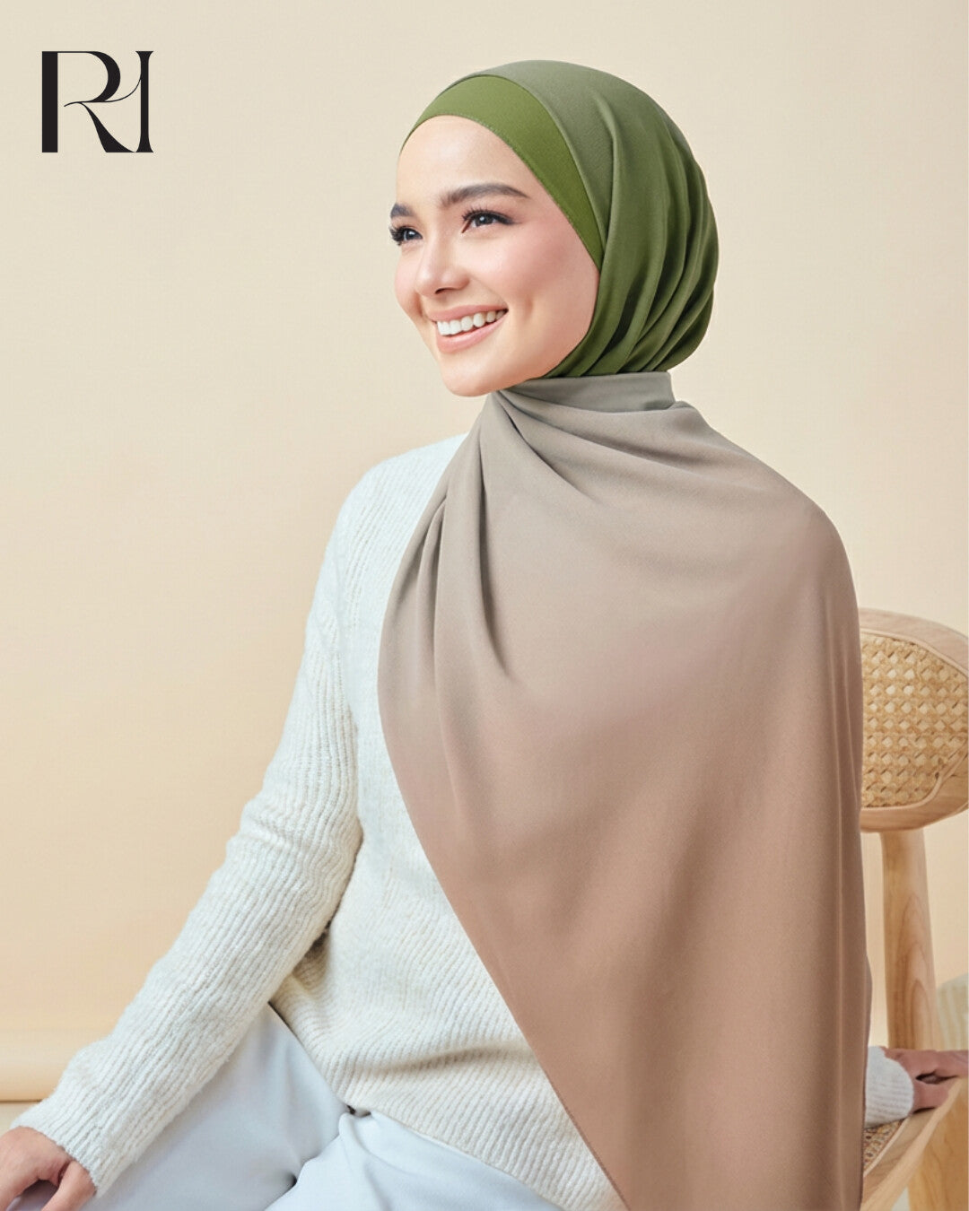 Earthy Elegance Olive & Beige Chiffon Hijab for a Timeless Look - Ruehaya