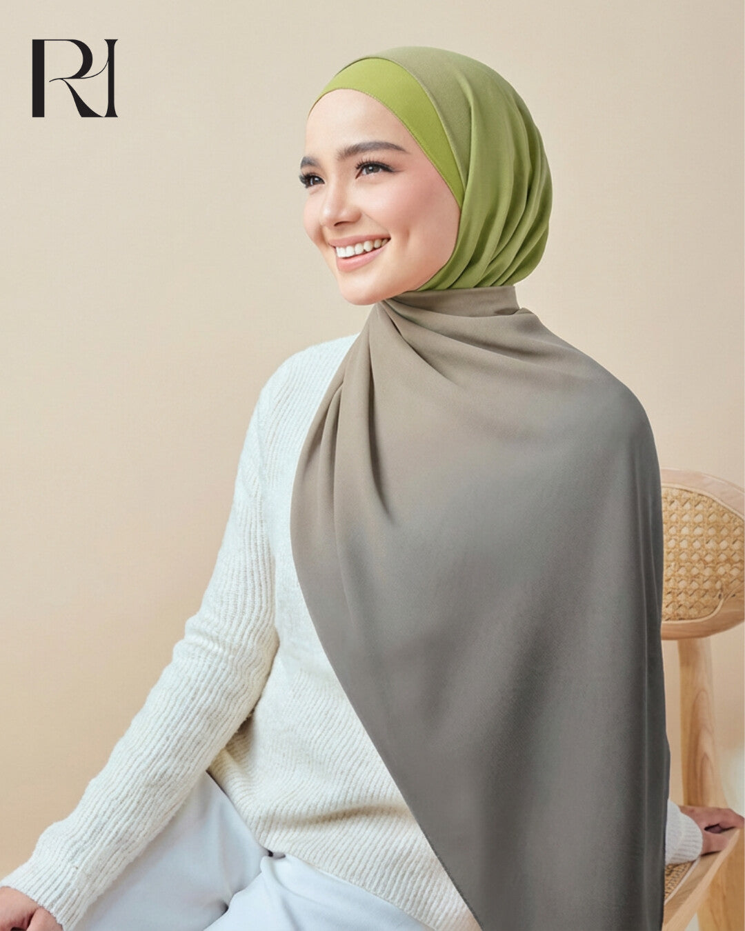Earthy Elegance Olive & gray Gradient Chiffon Hijab for Effortless Style - Ruehaya