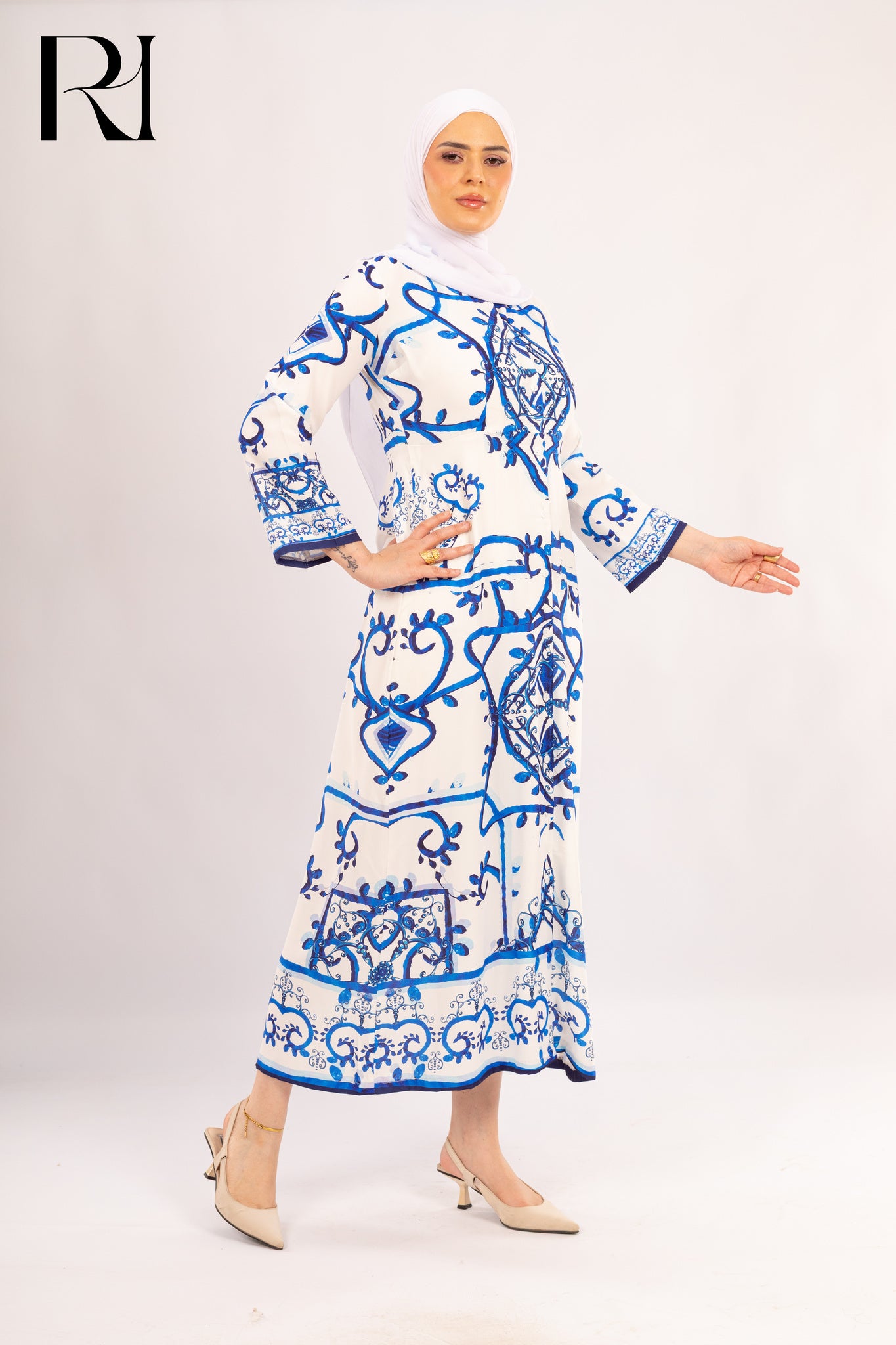 Elara Azure Tile Print Modest Maxi Dress - Ruehaya