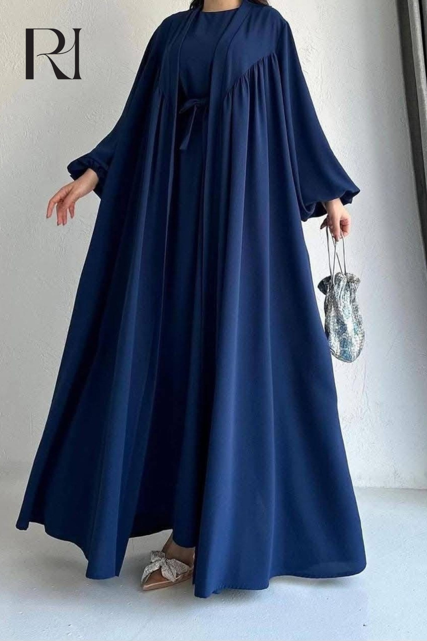 Elegance Flowy Abaya Set in Dark Blue - Ruehaya