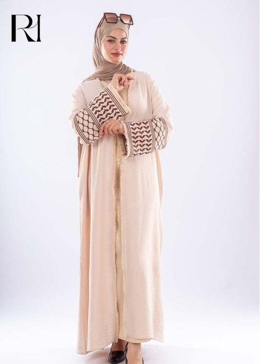 Elegant Beige Keffiyeh Inspired Abaya Modest Fashion - Ruehaya