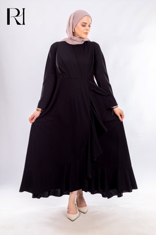 Elegant Black Ruffled Maxi Dress - Ruehaya