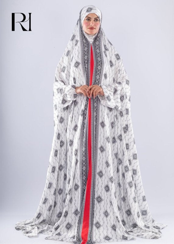 Elegant Black & White Print Satin Prayer Gown Red Inner Layer - Ruehaya