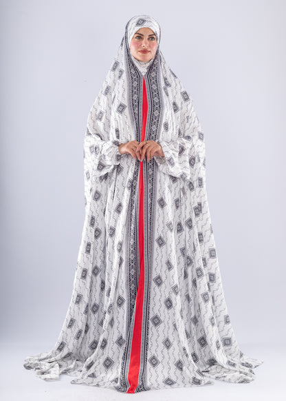 Elegant Black & White Print Satin Prayer Gown Red Inner Layer - Ruehaya