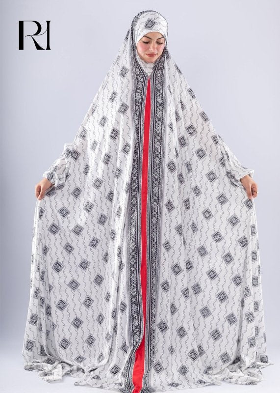 Elegant Black & White Print Satin Prayer Gown Red Inner Layer - Ruehaya