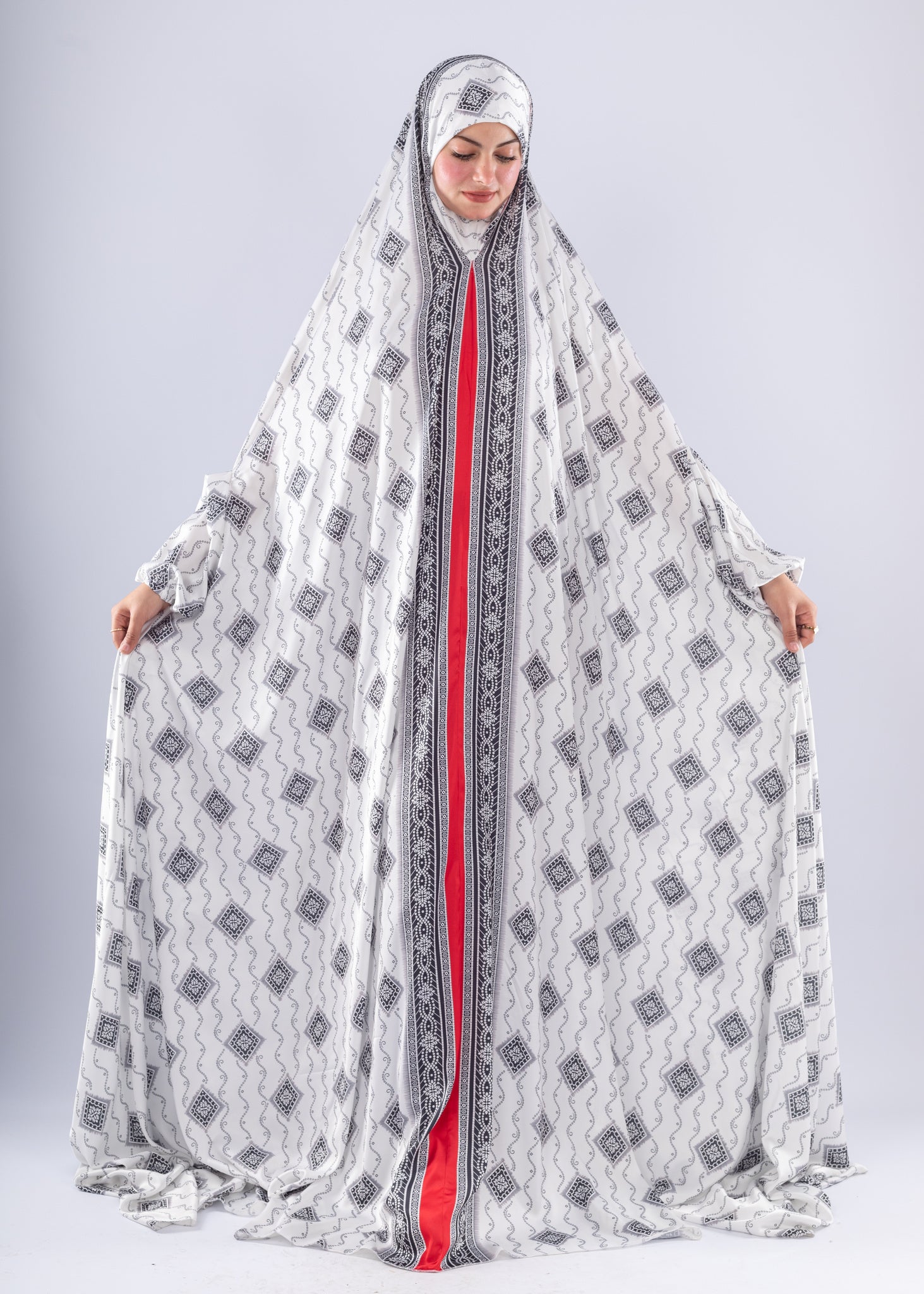 Elegant Black & White Print Satin Prayer Gown Red Inner Layer - Ruehaya