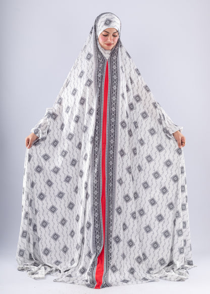 Elegant Black & White Print Satin Prayer Gown Red Inner Layer - Ruehaya
