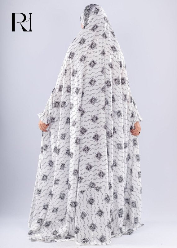 Elegant Black & White Print Satin Prayer Gown Red Inner Layer - Ruehaya