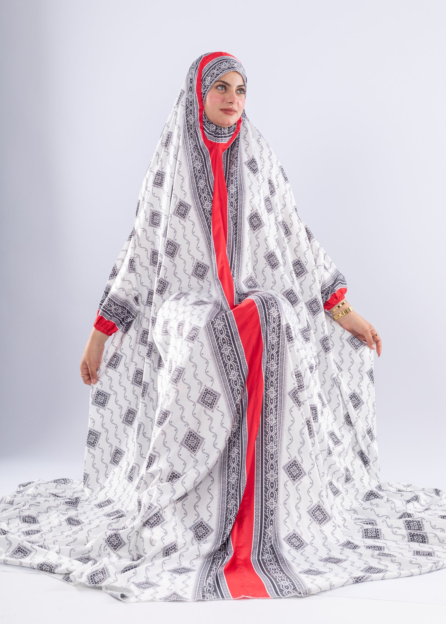 Elegant Black & White Print Satin Prayer Gown Red Inner Layer - Ruehaya