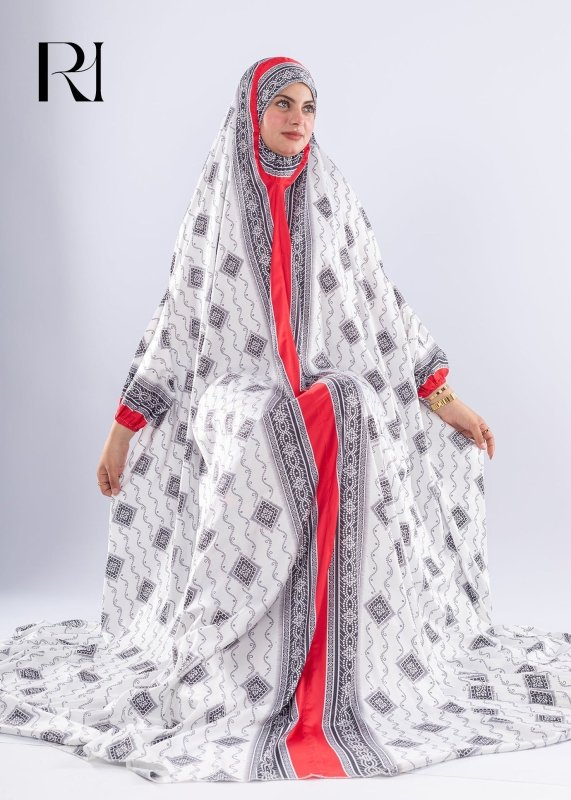 Elegant Black & White Print Satin Prayer Gown Red Inner Layer - Ruehaya