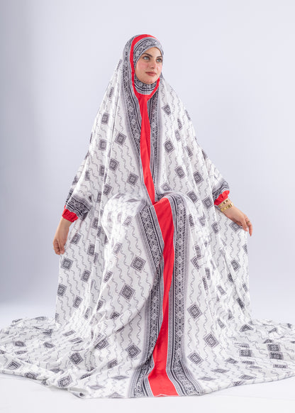 Elegant Black & White Print Satin Prayer Gown Red Inner Layer - Ruehaya