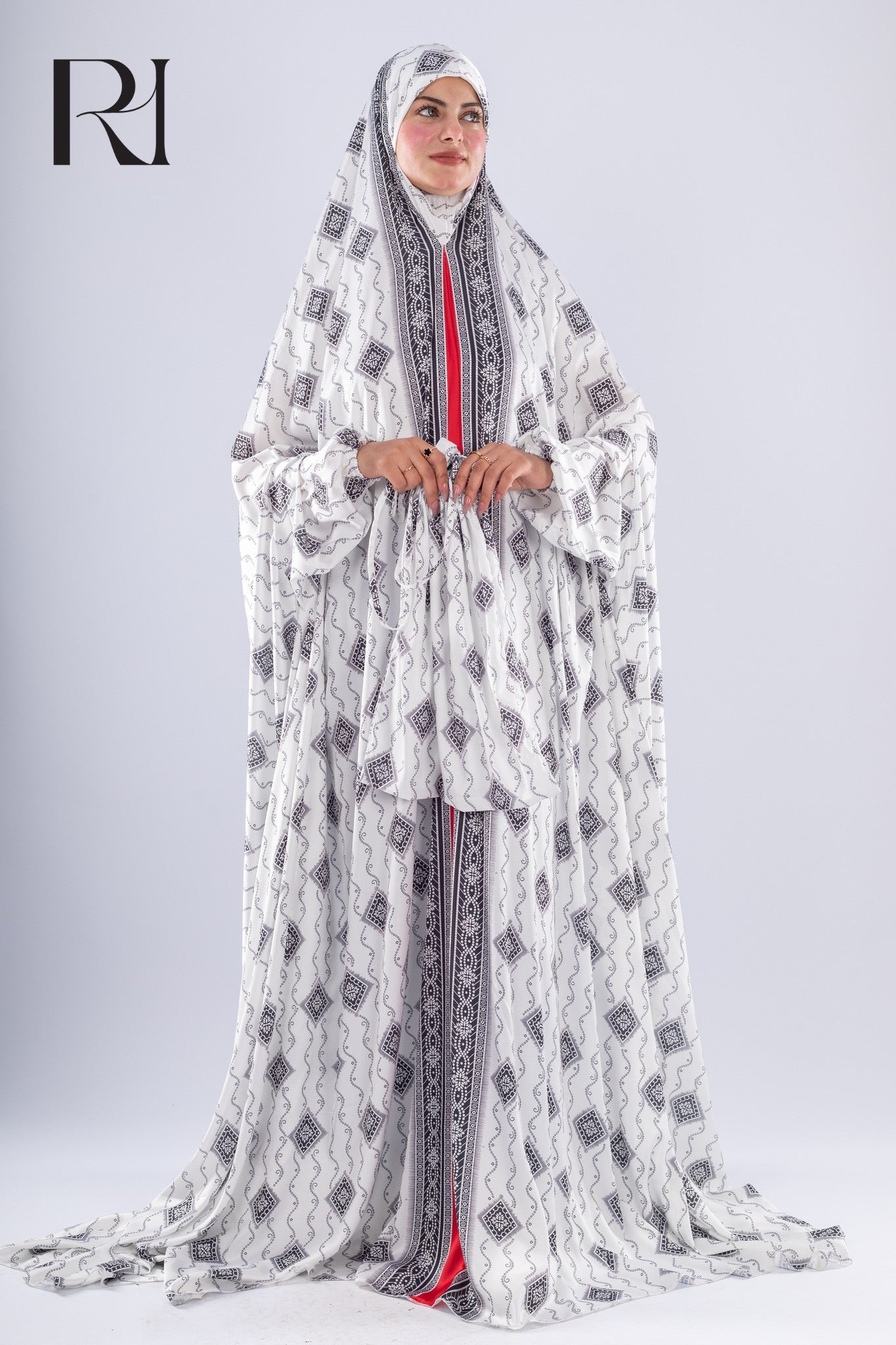 Elegant Black & White Print Satin Prayer Gown Red Inner Layer - Ruehaya
