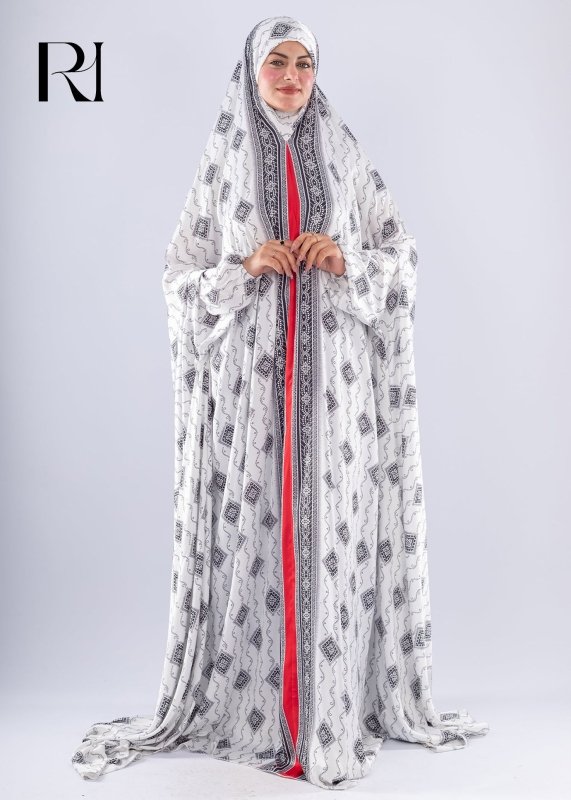 Elegant Black & White Print Satin Prayer Gown Red Inner Layer - Ruehaya