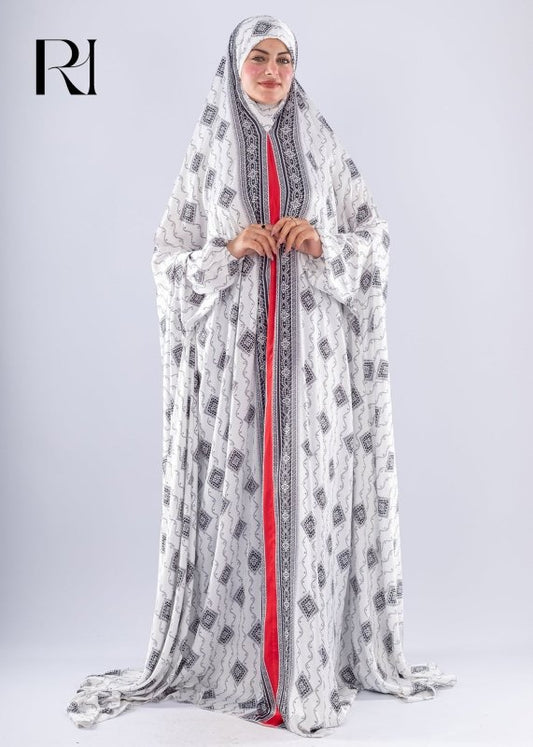 Elegant Black & White Print Satin Prayer Gown Red Inner Layer - Ruehaya