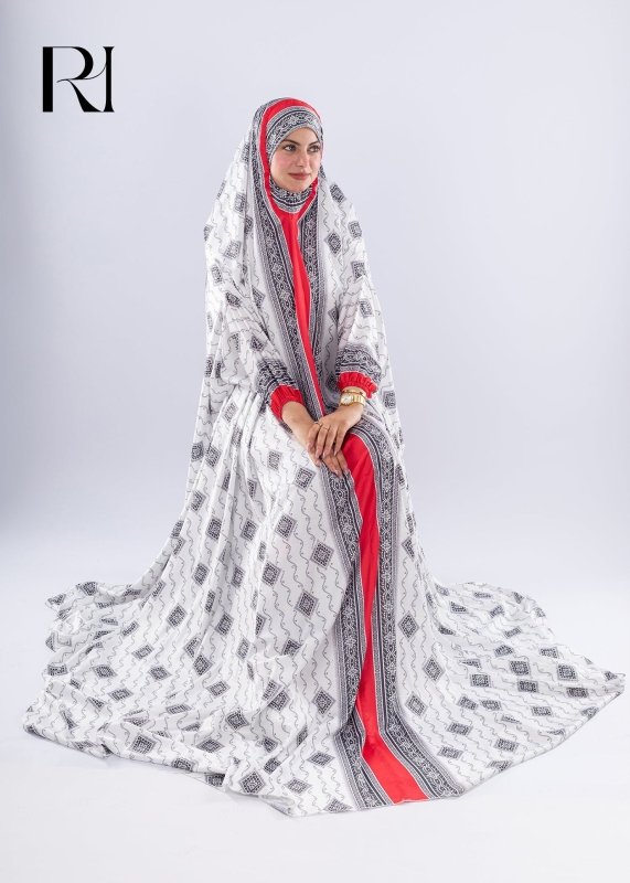 Elegant Black & White Print Satin Prayer Gown Red Inner Layer - Ruehaya