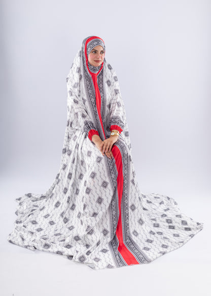 Elegant Black & White Print Satin Prayer Gown Red Inner Layer - Ruehaya
