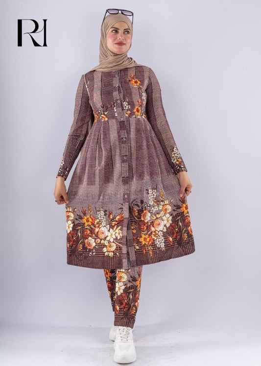 Elegant Brown Floral Print Tunic & Pants Set Modest Outfit - Ruehaya
