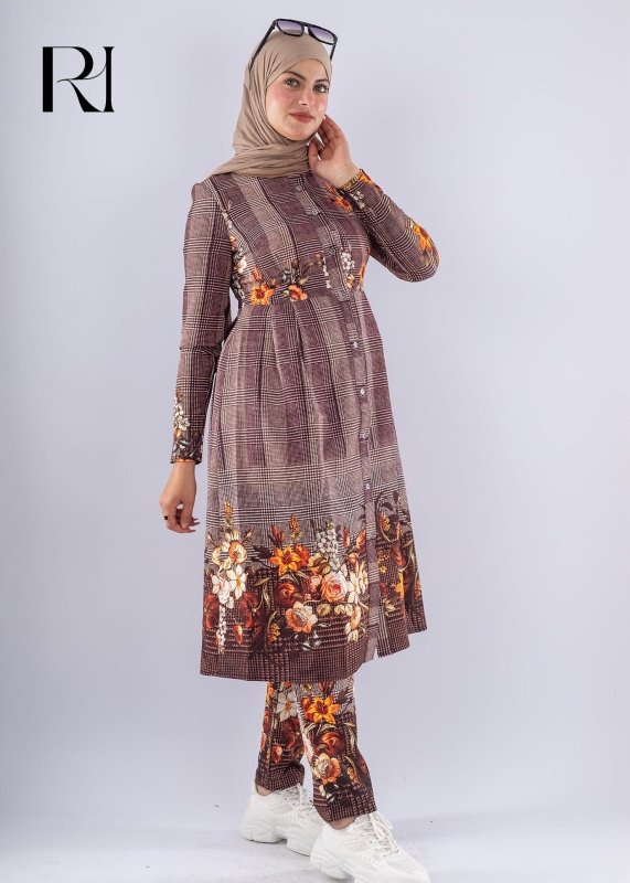 Elegant Brown Floral Print Tunic & Pants Set Modest Outfit - Ruehaya