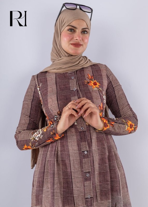 Elegant Brown Floral Print Tunic & Pants Set Modest Outfit - Ruehaya