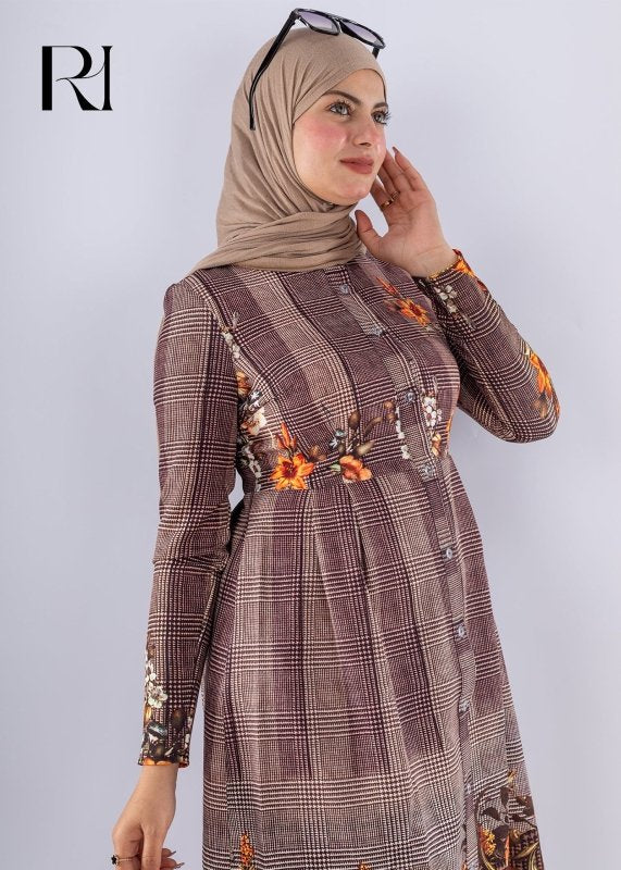 Elegant Brown Floral Print Tunic & Pants Set Modest Outfit - Ruehaya