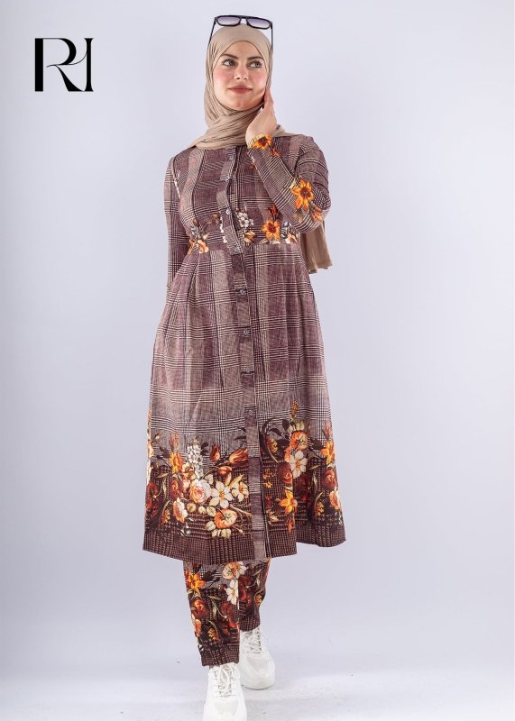 Elegant Brown Floral Print Tunic & Pants Set Modest Outfit - Ruehaya