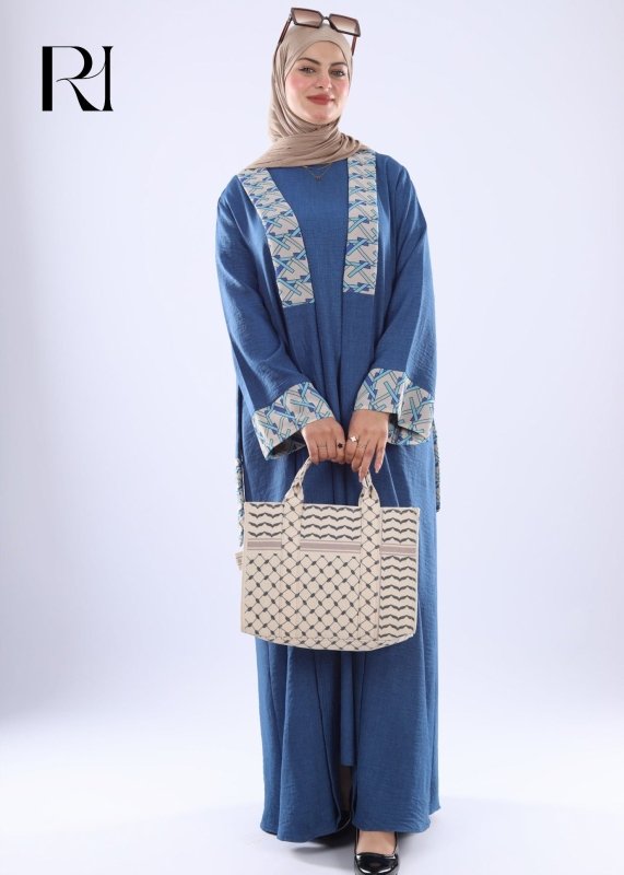 Elegant Denim Abaya with Floral Embroidery - Ruehaya