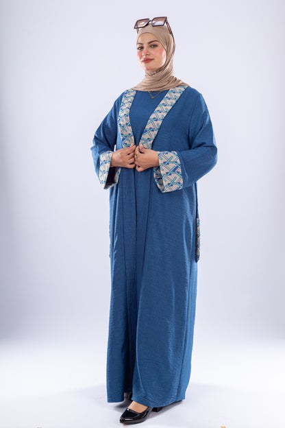 Elegant Denim Abaya with Floral Embroidery - Ruehaya