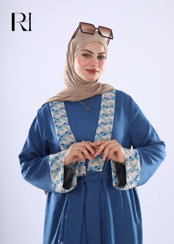 Elegant Denim Abaya with Floral Embroidery - Ruehaya