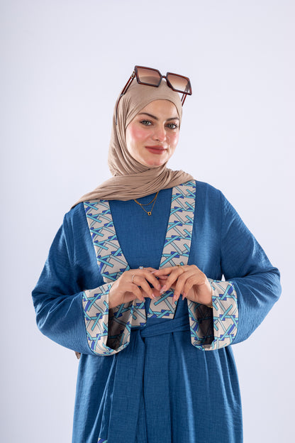Elegant Denim Abaya with Floral Embroidery - Ruehaya