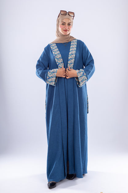 Elegant Denim Abaya with Floral Embroidery - Ruehaya