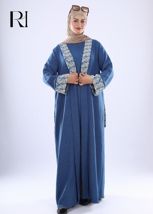 Elegant Denim Abaya with Floral Embroidery - Ruehaya