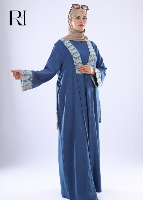 Elegant Denim Abaya with Floral Embroidery - Ruehaya