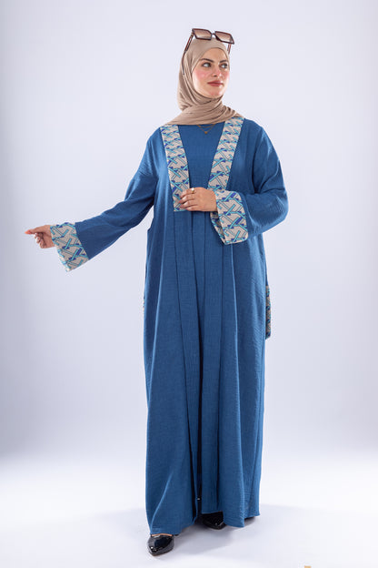 Elegant Denim Abaya with Floral Embroidery - Ruehaya