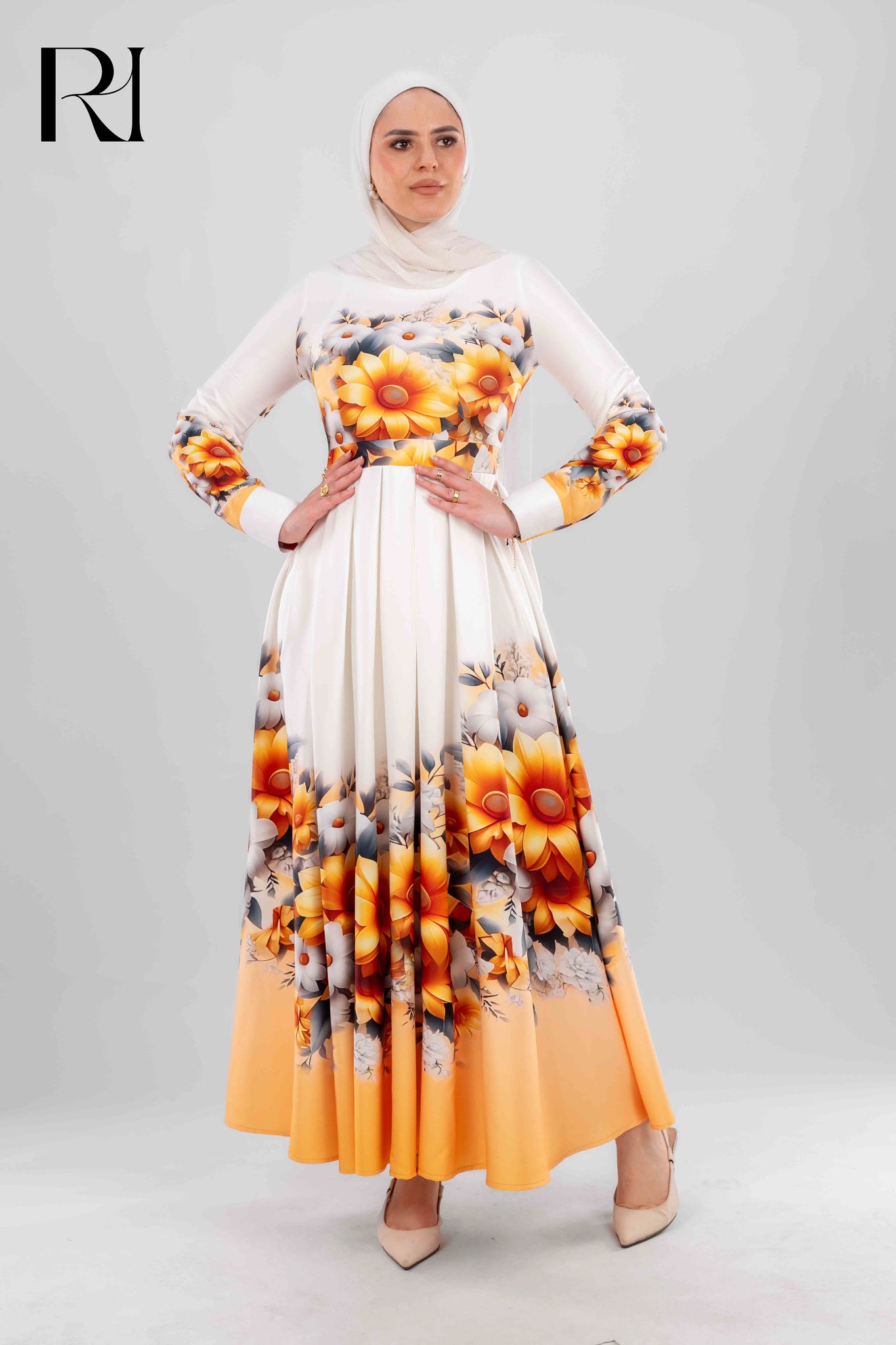 Elegant Floral Maxi Dress with Sunflower Print - Ruehaya