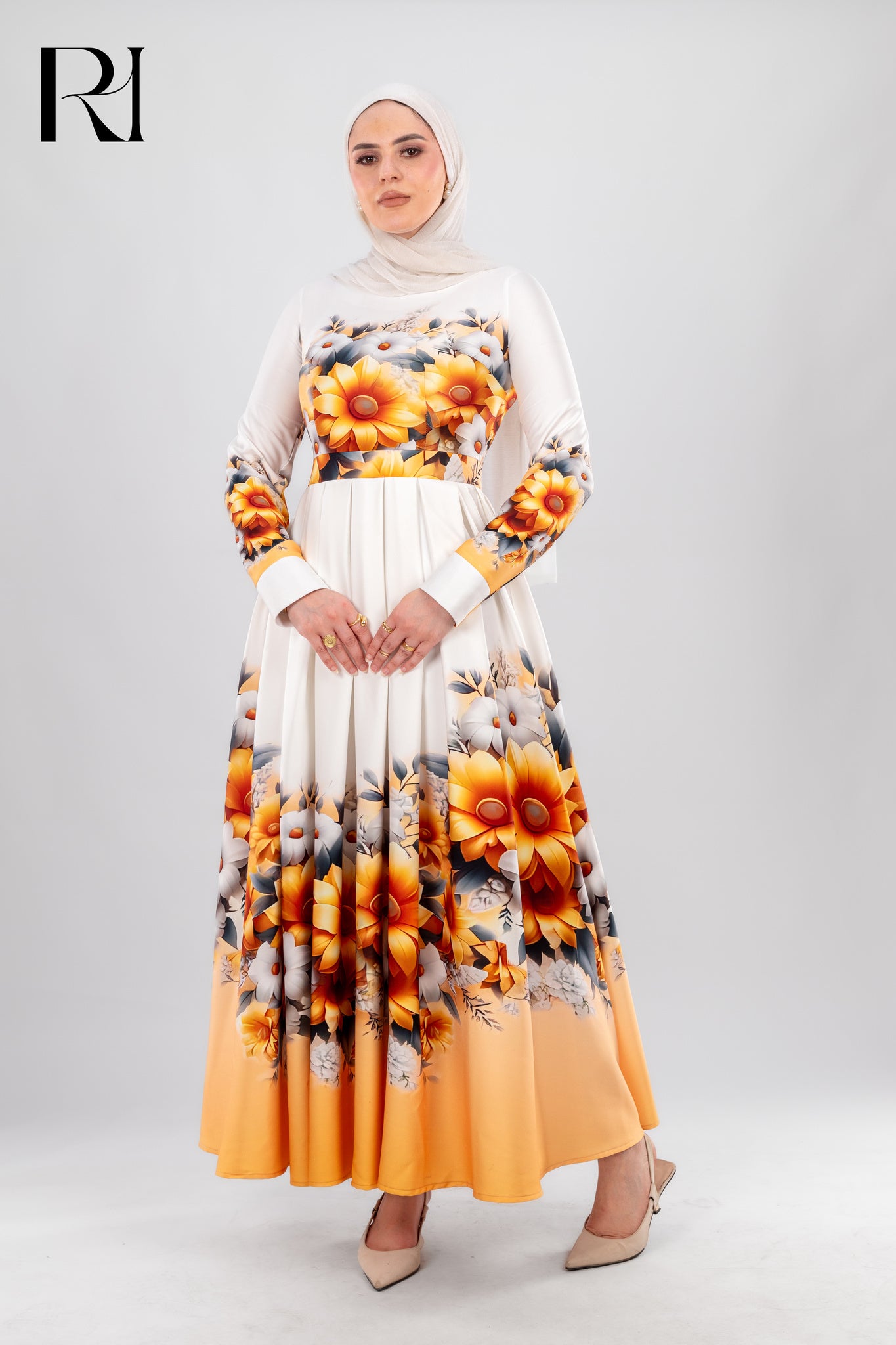 Elegant Floral Maxi Dress with Sunflower Print - Ruehaya