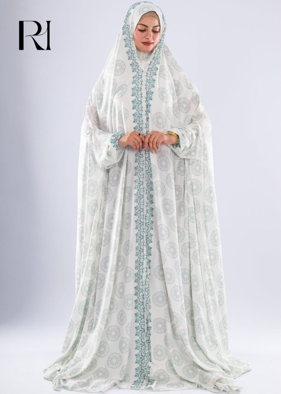 Elegant Floral Satin Prayer Gown Extended Coverage - Ruehaya