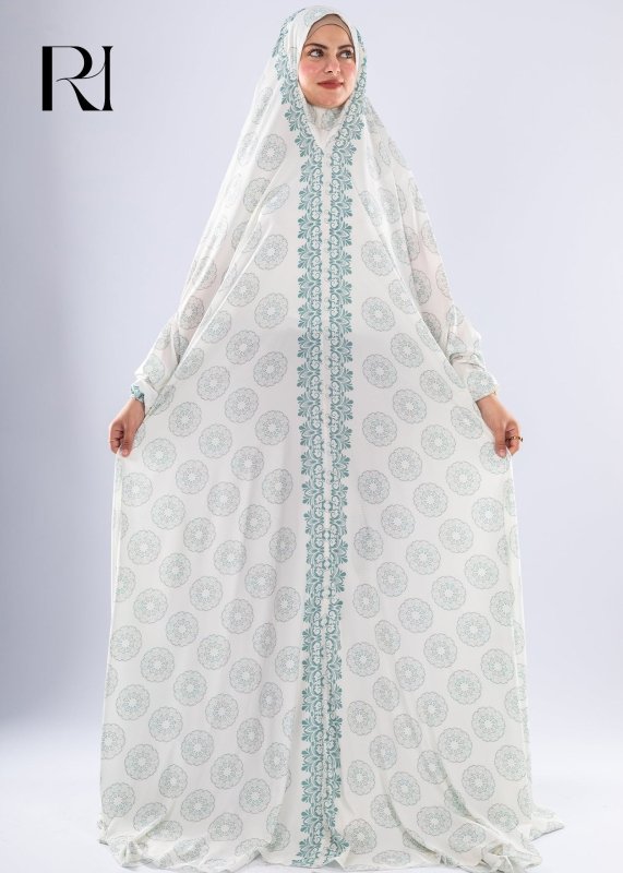 Elegant Floral Satin Prayer Gown Extended Coverage - Ruehaya