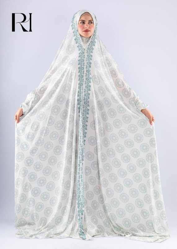 Elegant Floral Satin Prayer Gown Extended Coverage - Ruehaya